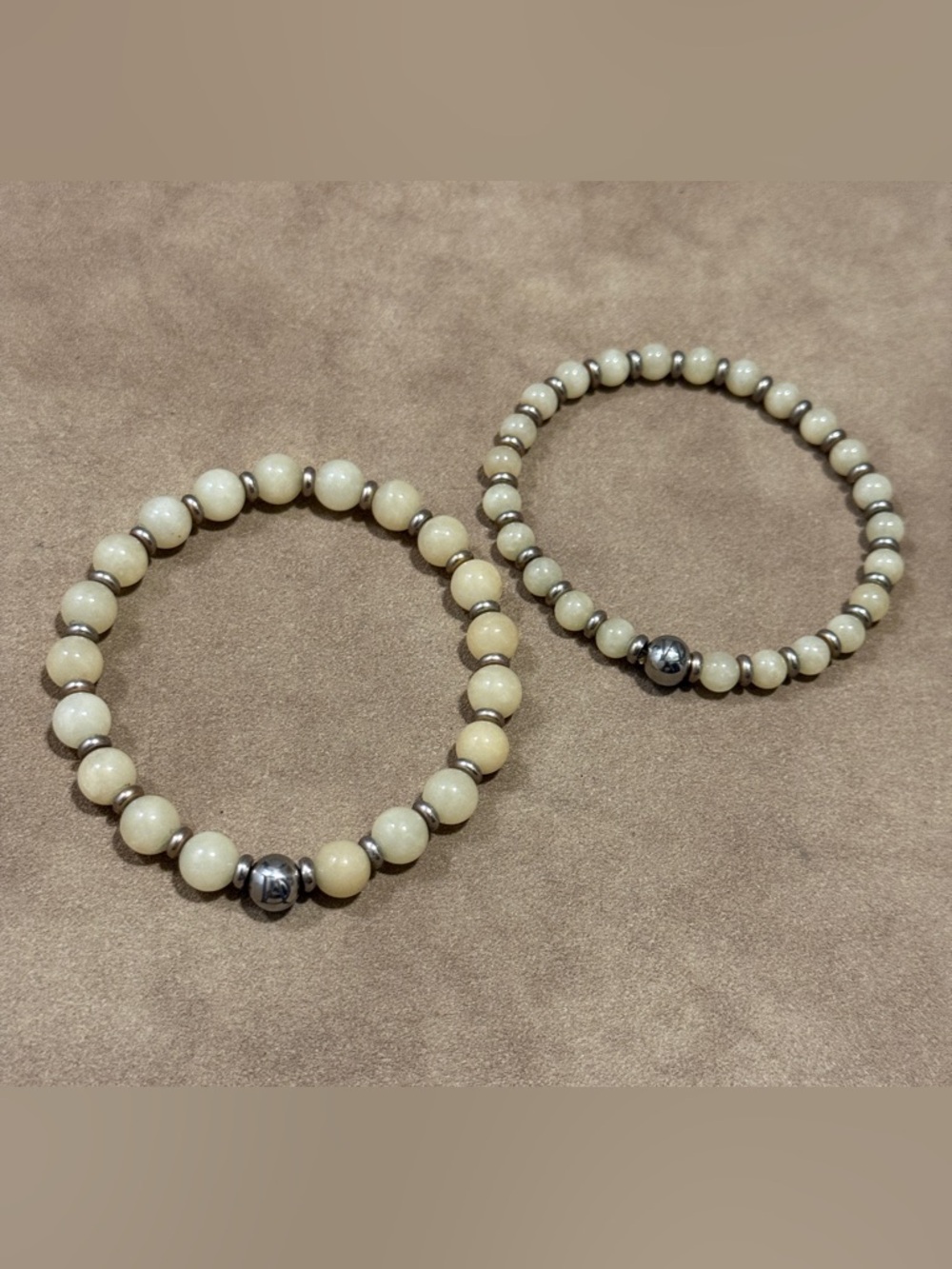 Neutral Cream Beaded Stretch Bracelet with Silver Accent Set